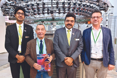 Rajesh Bihani (L), Saurabh Bihani (2nd R) from R I Texsolutions with Renato Pilotelli and Diego Ventura (R) Ventura Italian Textile Machinery