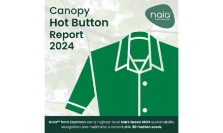 Eastman successfully reconfirmed dark green shirt in 2024 Canopy Hot Button Ranking and Report for sustainable Naia™ fibers